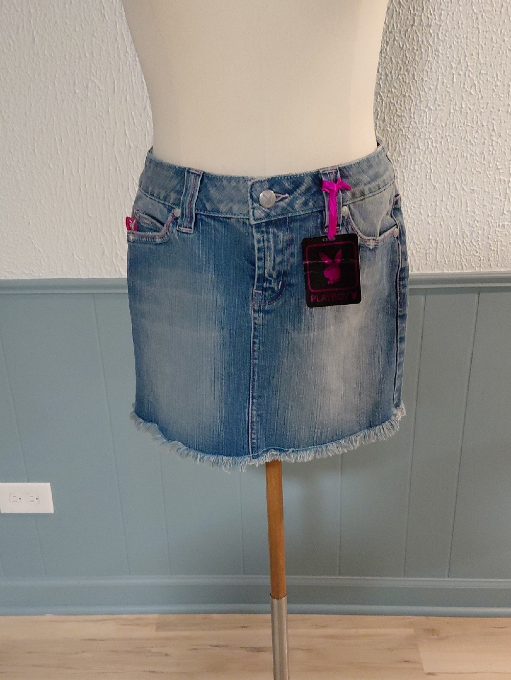 PLAYBOY Light Blue Denim Mini Skirt with Frayed Hem